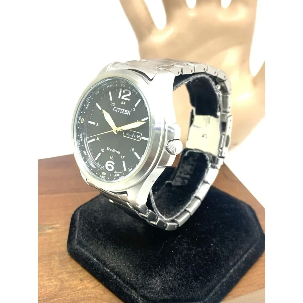 Citizen Men's Watch AW0110-58E Eco Drive Black Dial Day Date Silver Steel 44mm